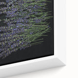 Close-up view of a framed botanical wall art piece featuring delicate lavender flowers, showcasing intricate details and vibrant colors on a textured canvas. Ideal for enhancing home decor with a touch of nature.