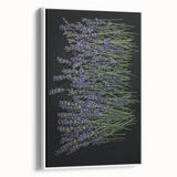 Framed botanical wall art featuring a lavender design on canvas, showcasing a white frame and a side view perspective, perfect for home decor or gifting.