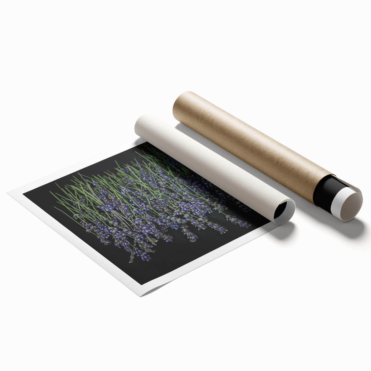 Lavender botanical wall art design printed on rolled canvas, showcasing delicate purple flowers and lush green leaves, ideal for home decor or gifting.