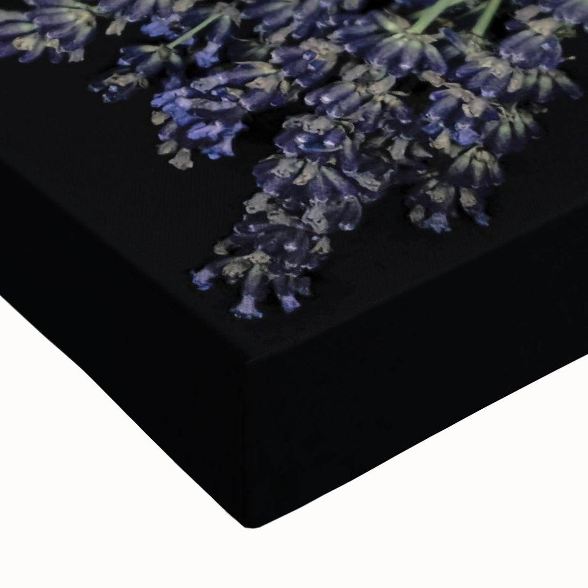 Close-up of a vibrant botanical wall art design featuring lavender flowers on stretched canvas, showcasing intricate details and rich colors, perfect for home decor.
