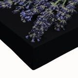 Close-up of a vibrant botanical wall art design featuring lavender flowers on stretched canvas, showcasing intricate details and rich colors, perfect for home decor.