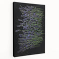 Stretched canvas wall art showcasing a detailed botanical lavender design with vibrant purple hues, elegantly displayed in a side view to highlight its texture and craftsmanship. Perfect for enhancing home decor with a floral touch.