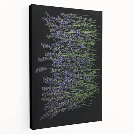 Stretched canvas wall art showcasing a detailed botanical lavender design with vibrant purple hues, elegantly displayed in a side view to highlight its texture and craftsmanship. Perfect for enhancing home decor with a floral touch.