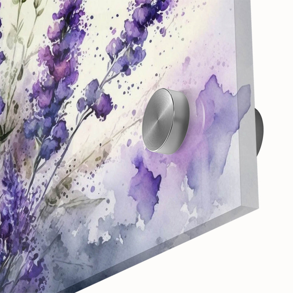Close-up of a botanical lavender wall art design featuring intricate floral details and vibrant colors, displayed in an acrylic-glass frame, perfect for home decor.