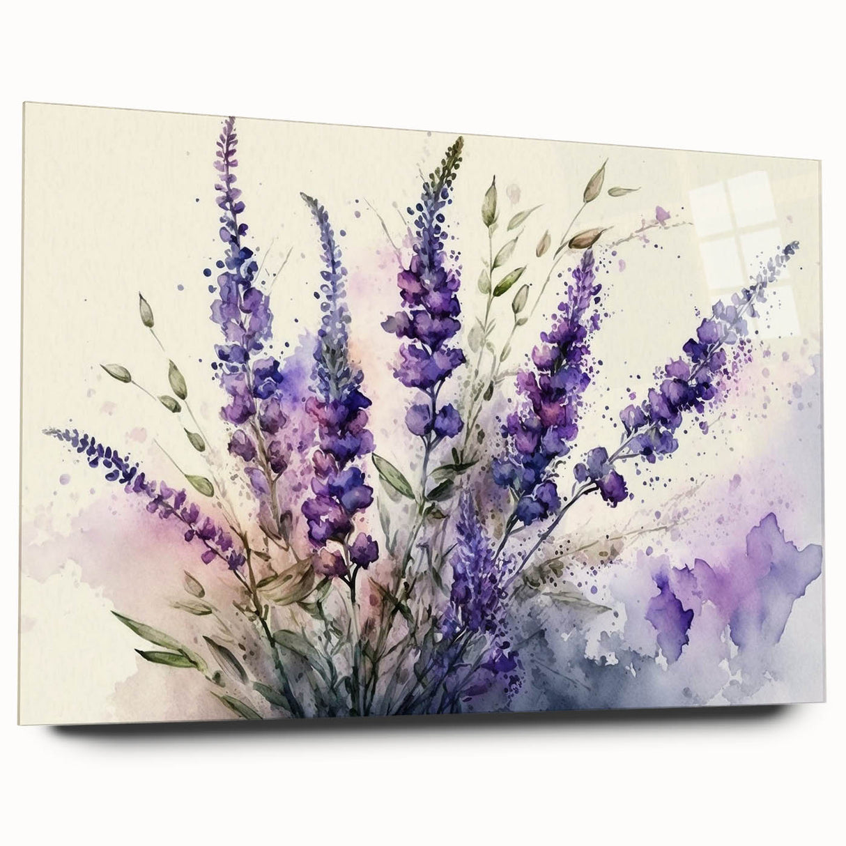 Lavender botanical wall art print displayed in acrylic glass, showcasing vibrant purple flowers and delicate green leaves for modern home decor.