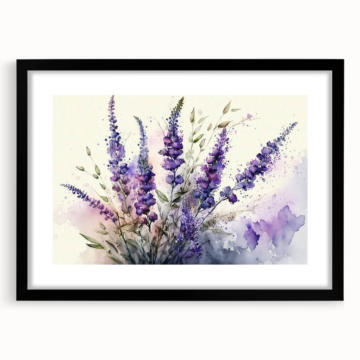 Botanical wall art print featuring a detailed lavender design, elegantly framed with a black mat, showcasing a modern aesthetic for home decor.