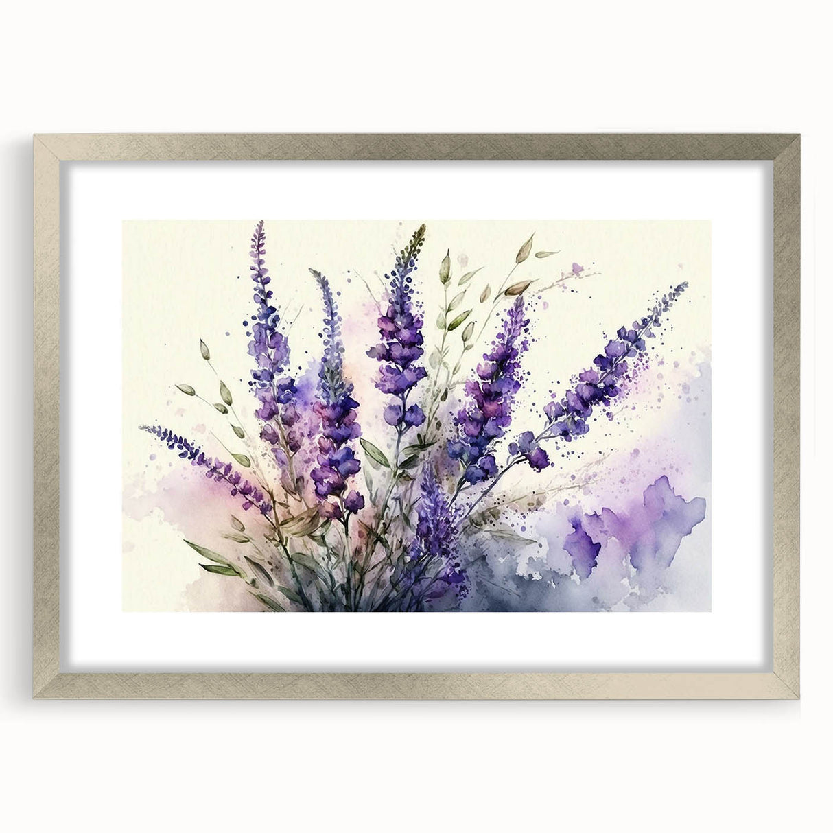 Botanical wall art print showcasing a delicate lavender design in a sleek silver frame with a white mat, perfect for adding elegance to any room decor.