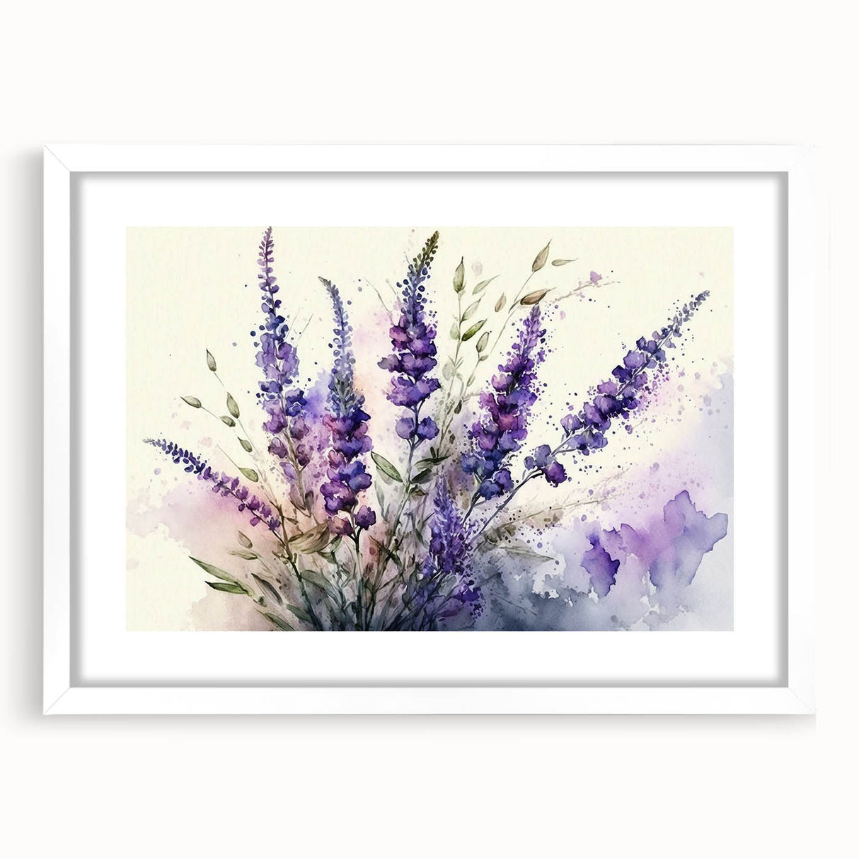 Lavender botanical wall art design in a white frame with a mat, showcasing delicate floral details and a serene color palette, perfect for home decor.