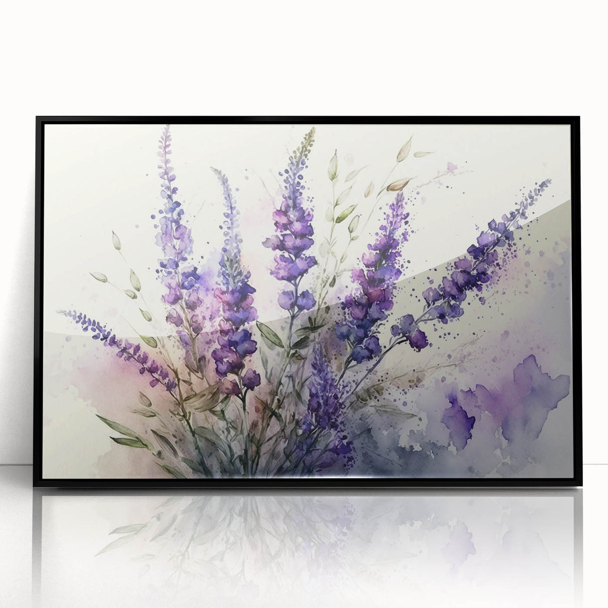 Framed botanical wall art featuring a lavender design with a sleek black frame, perfect for adding a touch of elegance to home decor.