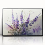 Framed botanical wall art featuring a lavender design with a sleek black frame, perfect for adding a touch of elegance to home decor.