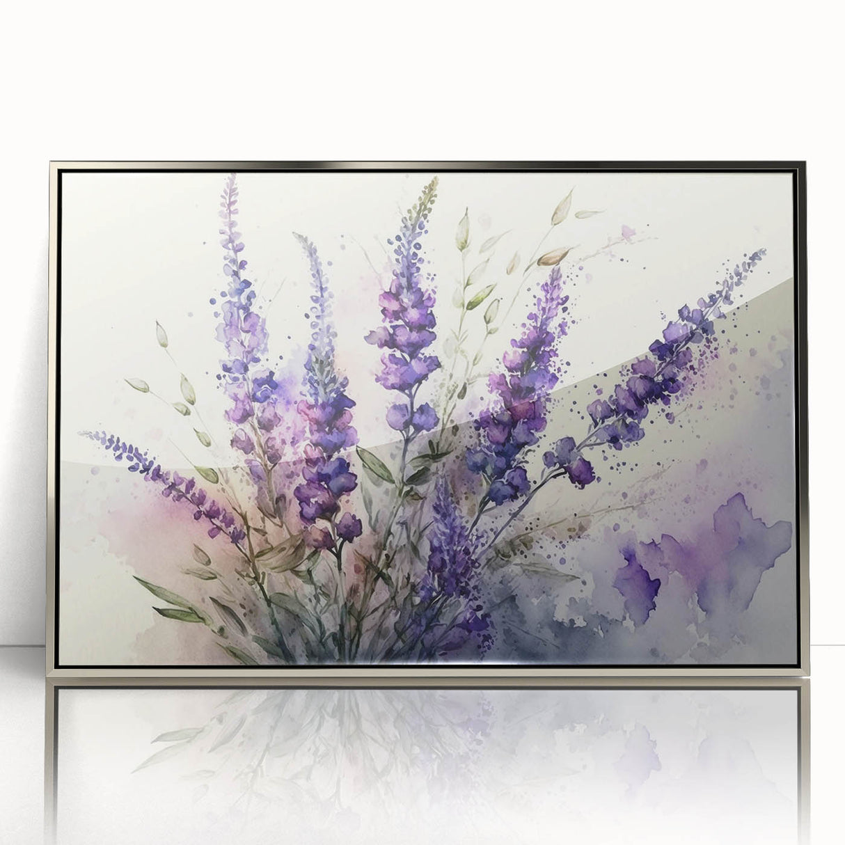 Framed wall art featuring a botanical lavender design, showcasing delicate purple flowers and green leaves, elegantly displayed with a silver frame for a modern touch. Perfect for enhancing home decor with a calming, nature-inspired aesthetic.