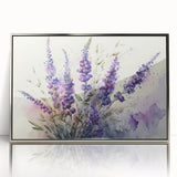 Framed wall art featuring a botanical lavender design, showcasing delicate purple flowers and green leaves, elegantly displayed with a silver frame for a modern touch. Perfect for enhancing home decor with a calming, nature-inspired aesthetic.