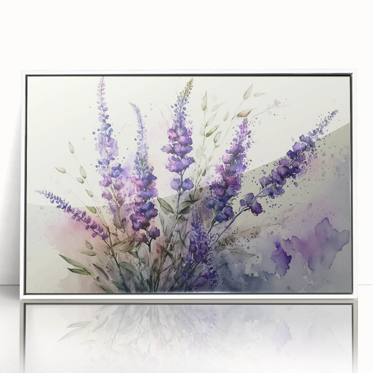 Framed acrylic wall art featuring a botanical lavender design, showcasing delicate purple flowers against a white backdrop, ideal for home decor enhancement.