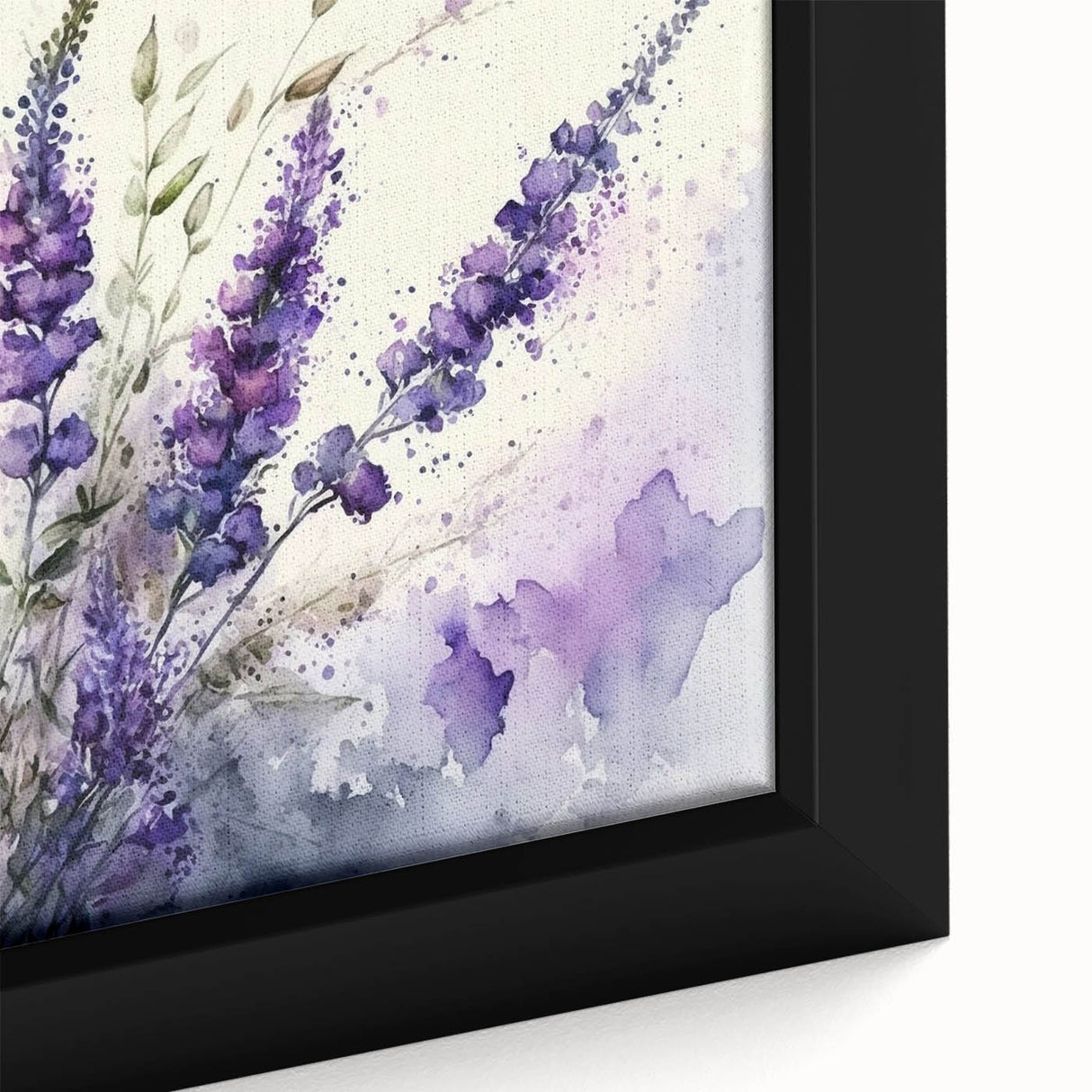 Close-up of a framed lavender botanical wall art collection, showcasing delicate purple flowers and green foliage against a soft background, perfect for home decor.