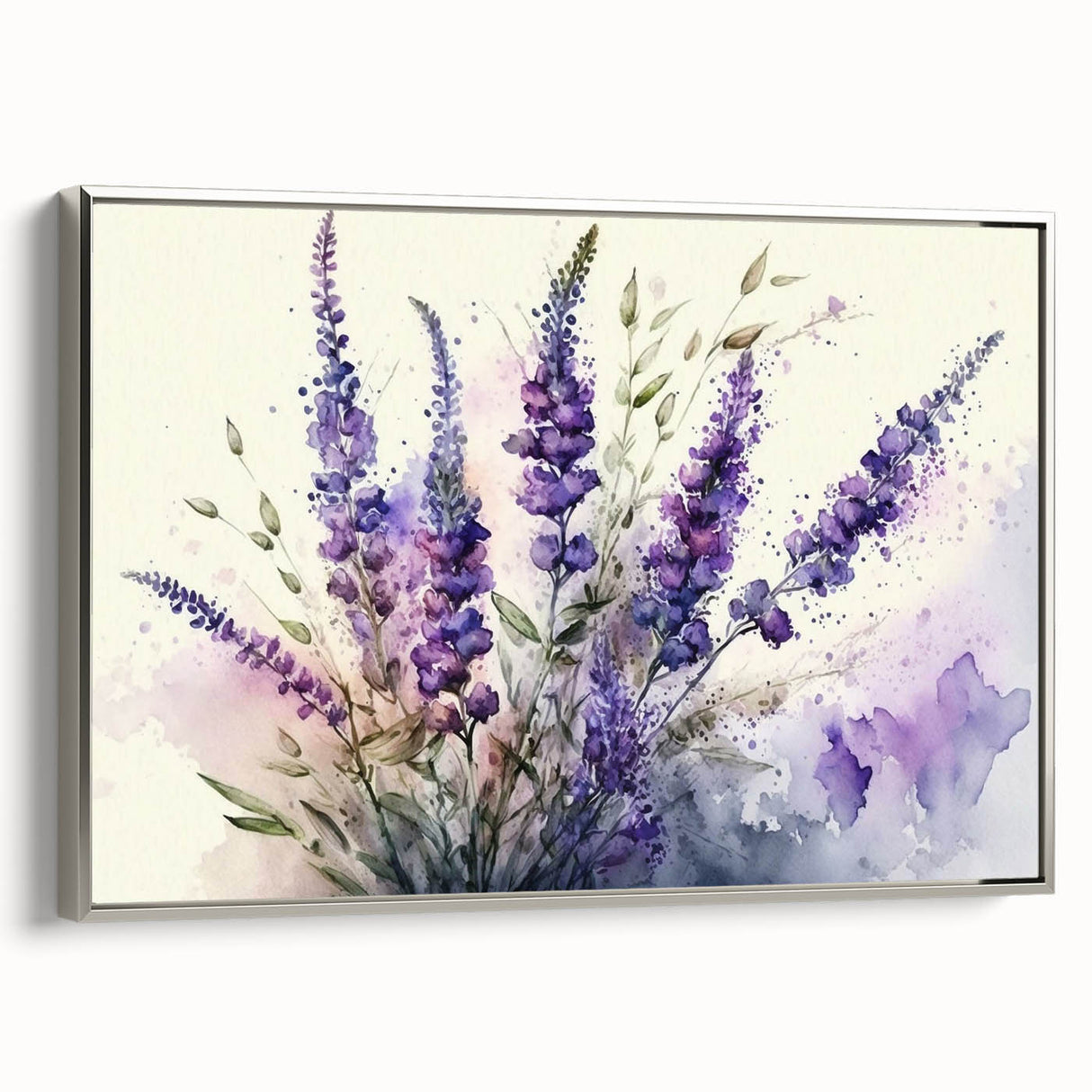 Framed botanical wall art featuring a serene lavender design on canvas, elegantly displayed with a silver frame, showcasing a side view for a modern home decor aesthetic.