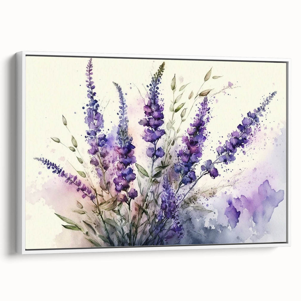 Framed canvas wall art showcasing a botanical lavender design, featuring delicate purple flowers and green leaves, set against a white background for a fresh, modern look. Perfect for enhancing home decor with a touch of nature-inspired elegance.