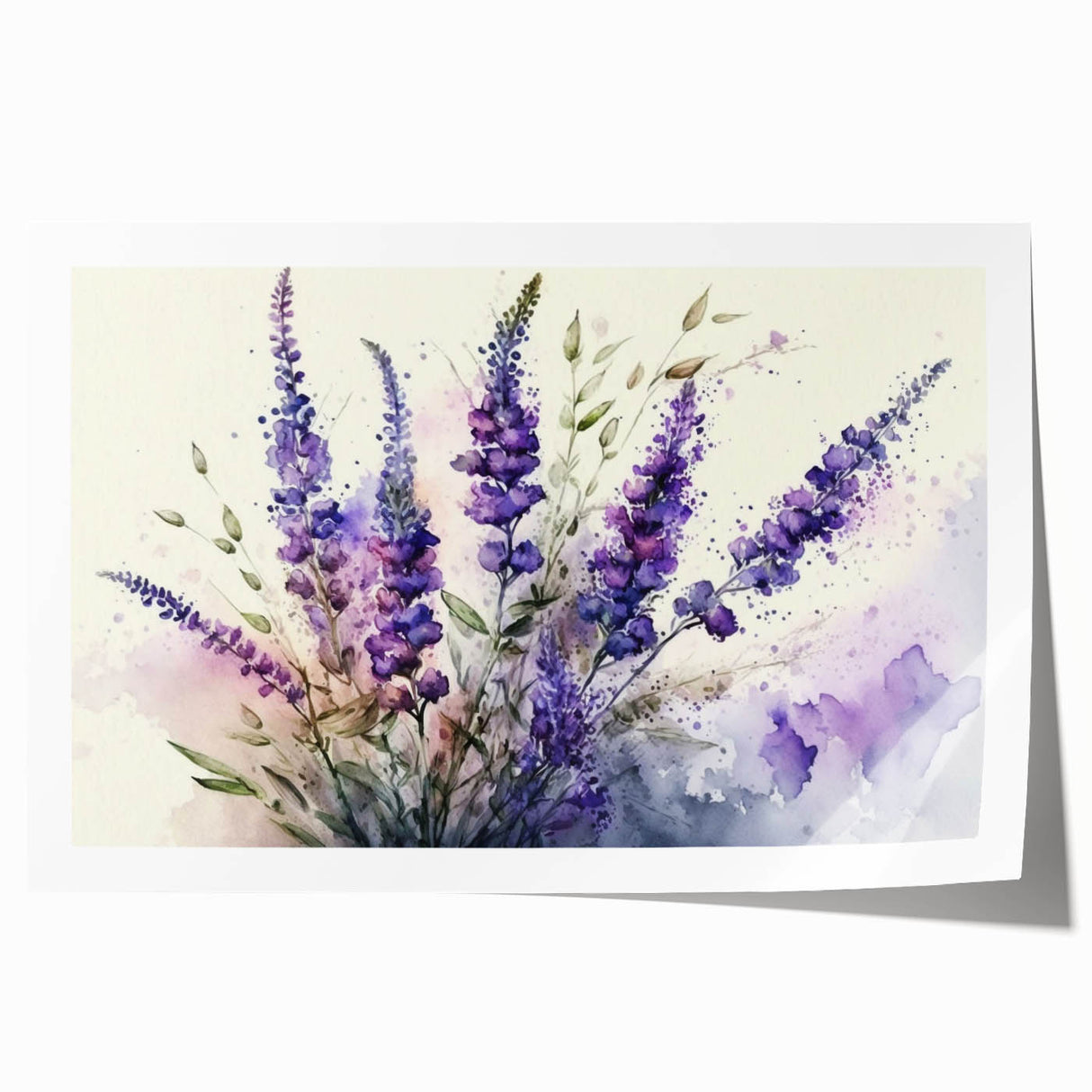 Lavender botanical wall art print featuring delicate purple flowers against a soft white background, ideal for adding a touch of elegance to home decor.