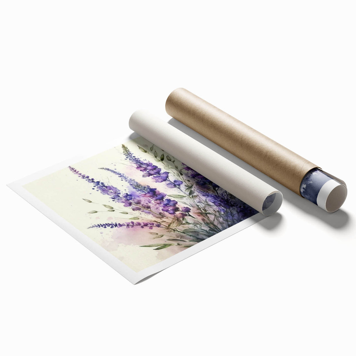Lavender botanical wall art print showcasing intricate floral designs in soft purple and green hues, rolled for easy framing and display in home decor settings.