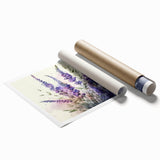 Lavender botanical wall art print showcasing intricate floral designs in soft purple and green hues, rolled for easy framing and display in home decor settings.