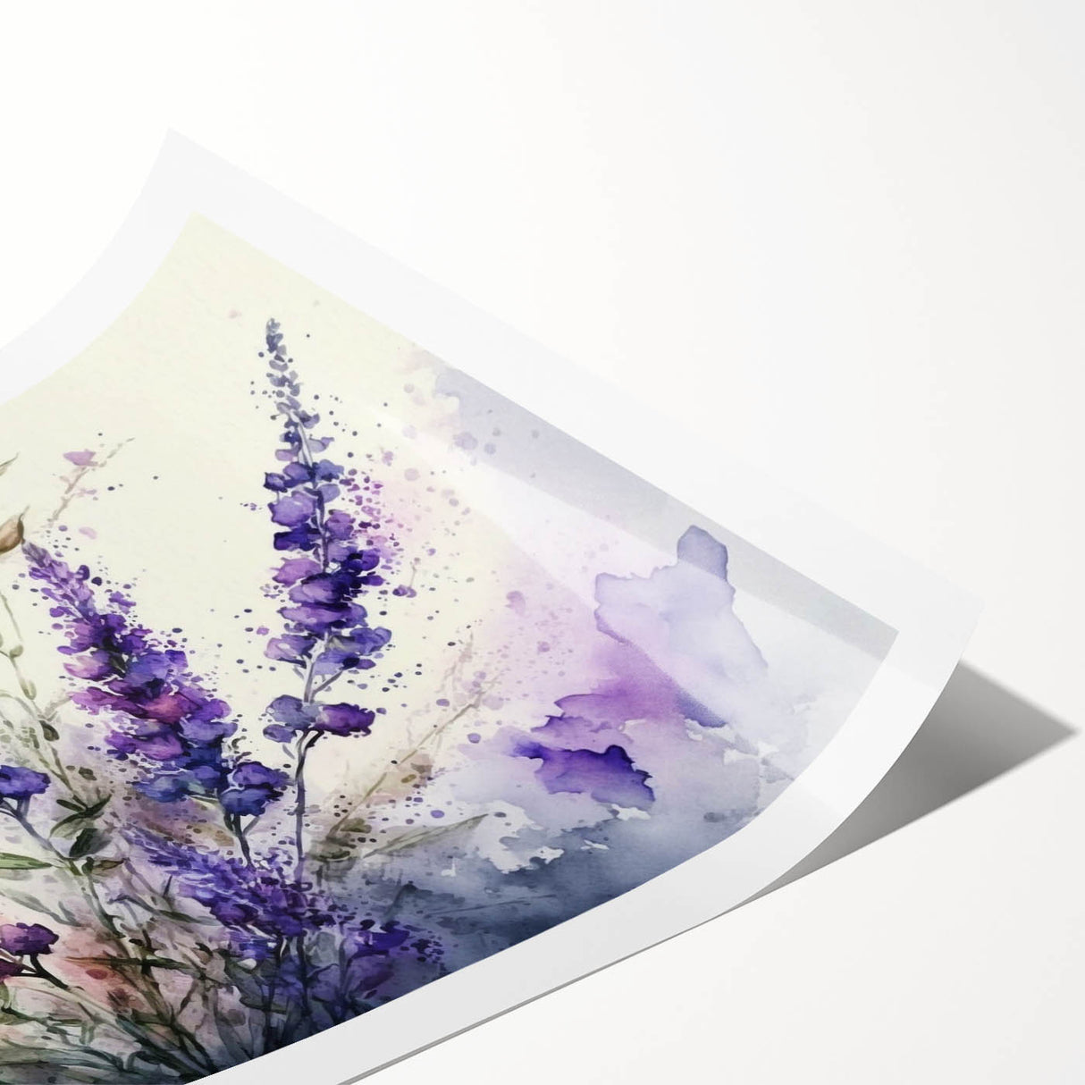 Lavender botanical wall art print showcasing delicate purple flowers with intricate details, rolled for easy framing and displayed in a protective cardboard tube.