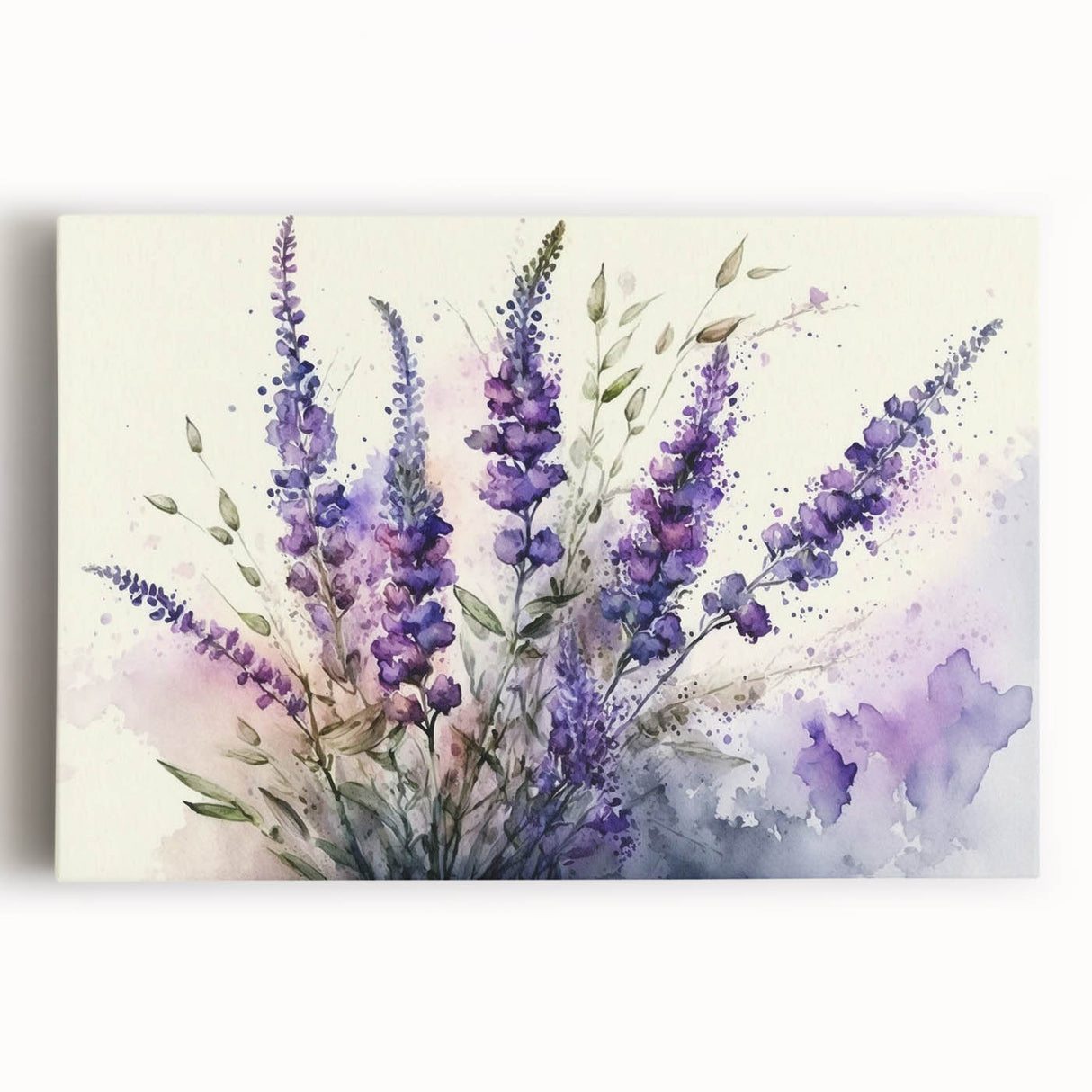 Lavender botanical wall art design on stretched canvas showcasing delicate purple flowers against a soft white background, ideal for home decor.