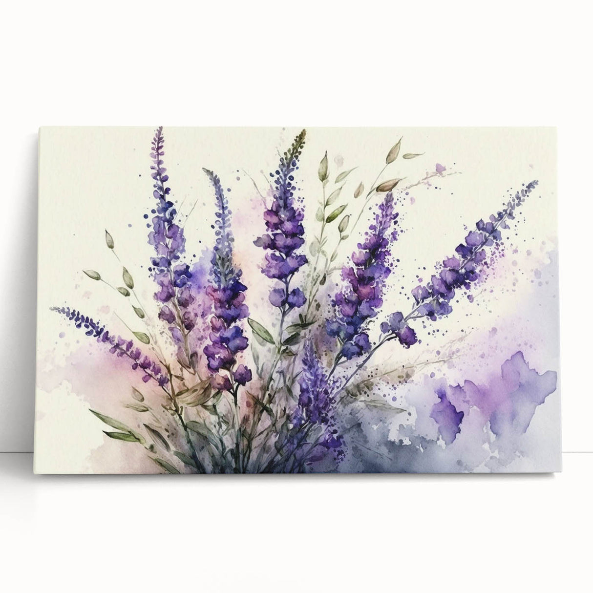 Lavender botanical wall art design on stretched canvas, showcasing delicate floral details and vibrant purple hues, perfect for home decor enhancement.