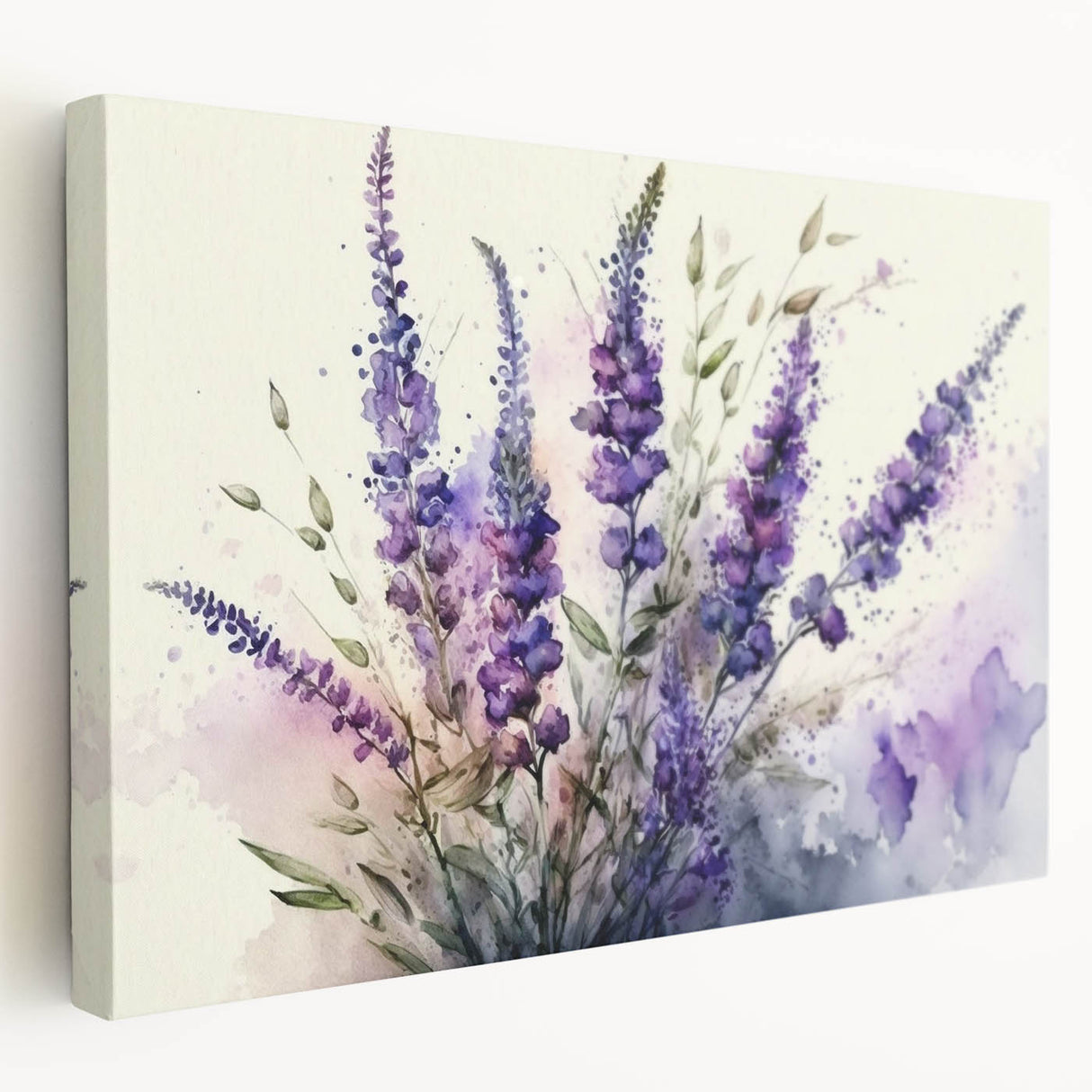 Lavender botanical wall art design on stretched canvas, showcasing vibrant purple hues and intricate floral details, perfect for home decor or relaxation spaces.