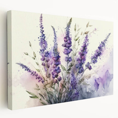 Lavender botanical wall art design on stretched canvas, showcasing vibrant purple hues and intricate floral details, perfect for home decor or relaxation spaces.
