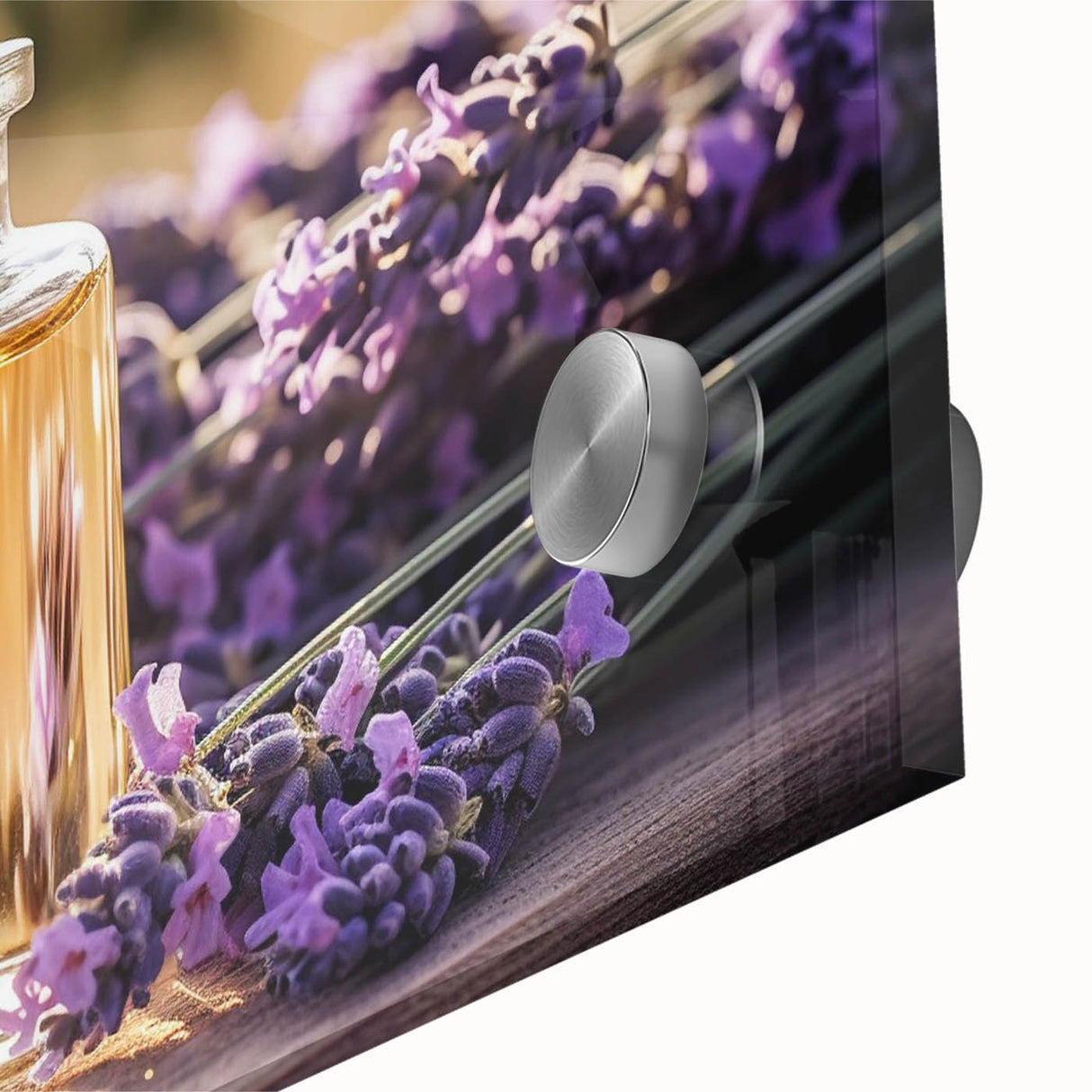 Close-up of a botanical wall art collection featuring vibrant lavender flowers against a soft background, showcased in an acrylic glass frame for a modern look.