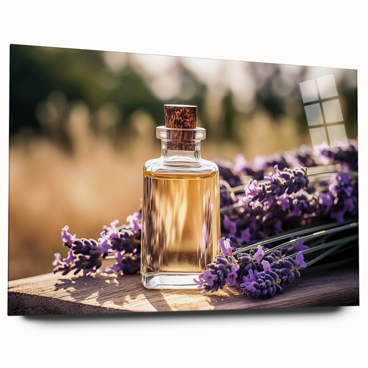 Acrylic wall art featuring a botanical lavender design, showcasing delicate lavender flowers in soft purple tones, elegantly framed for modern home decor.