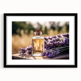 Botanical wall art featuring a lavender floral design, framed with a black mat, ideal for home decor and accentuating modern interiors, showcasing elegant purple hues.