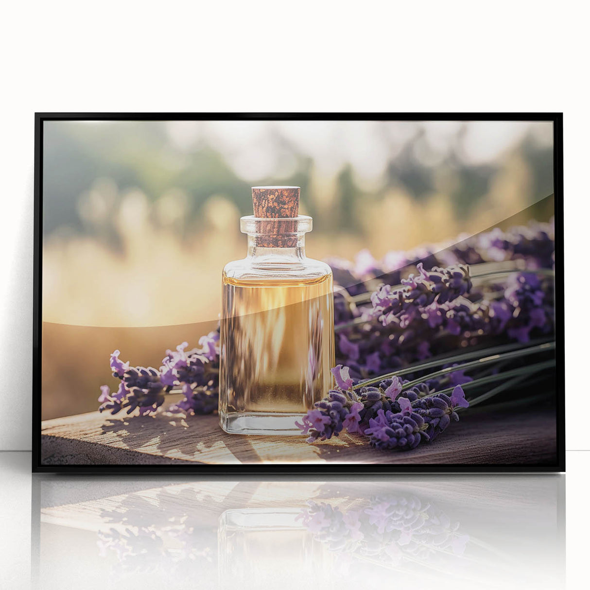 Framed botanical wall art design showcasing elegant lavender flowers with a black frame, perfect for modern home decor. Ideal for adding a touch of nature-inspired elegance.