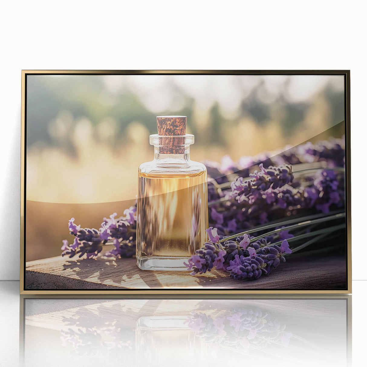 Framed botanical wall art featuring a lavender design with an elegant gold frame, perfect for enhancing home decor with a touch of nature and sophistication.