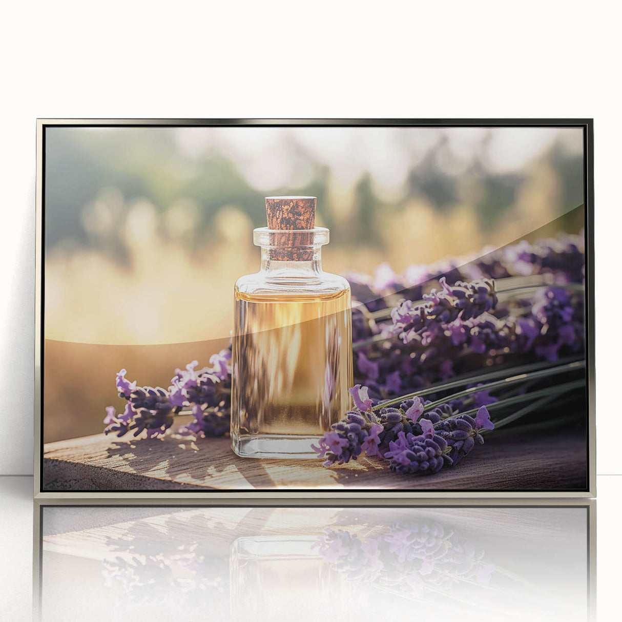 Framed wall art showcasing a botanical lavender design with silver accents, set against a clean background, perfect for modern home decor.