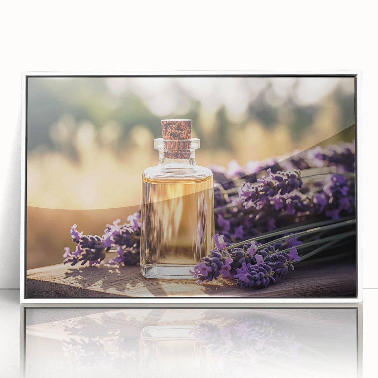 Framed wall art featuring a botanical lavender design, showcasing delicate purple flowers against a white background, ideal for home decor. The acrylic frame adds elegance to any room.