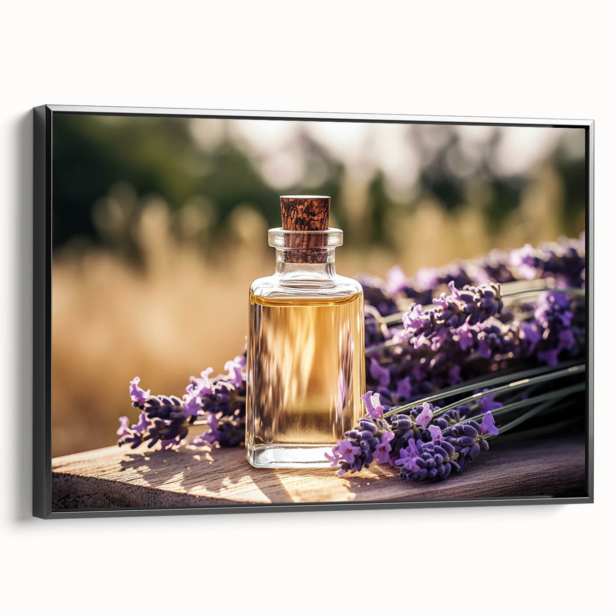 Framed canvas wall art showcasing a botanical lavender design with a sleek black frame, ideal for enhancing modern home decor and adding a touch of nature.