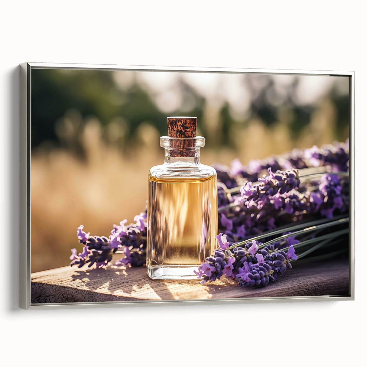Framed wall art featuring a botanical lavender design on canvas, elegantly displayed with a silver frame, showcasing delicate floral details and soft colors.