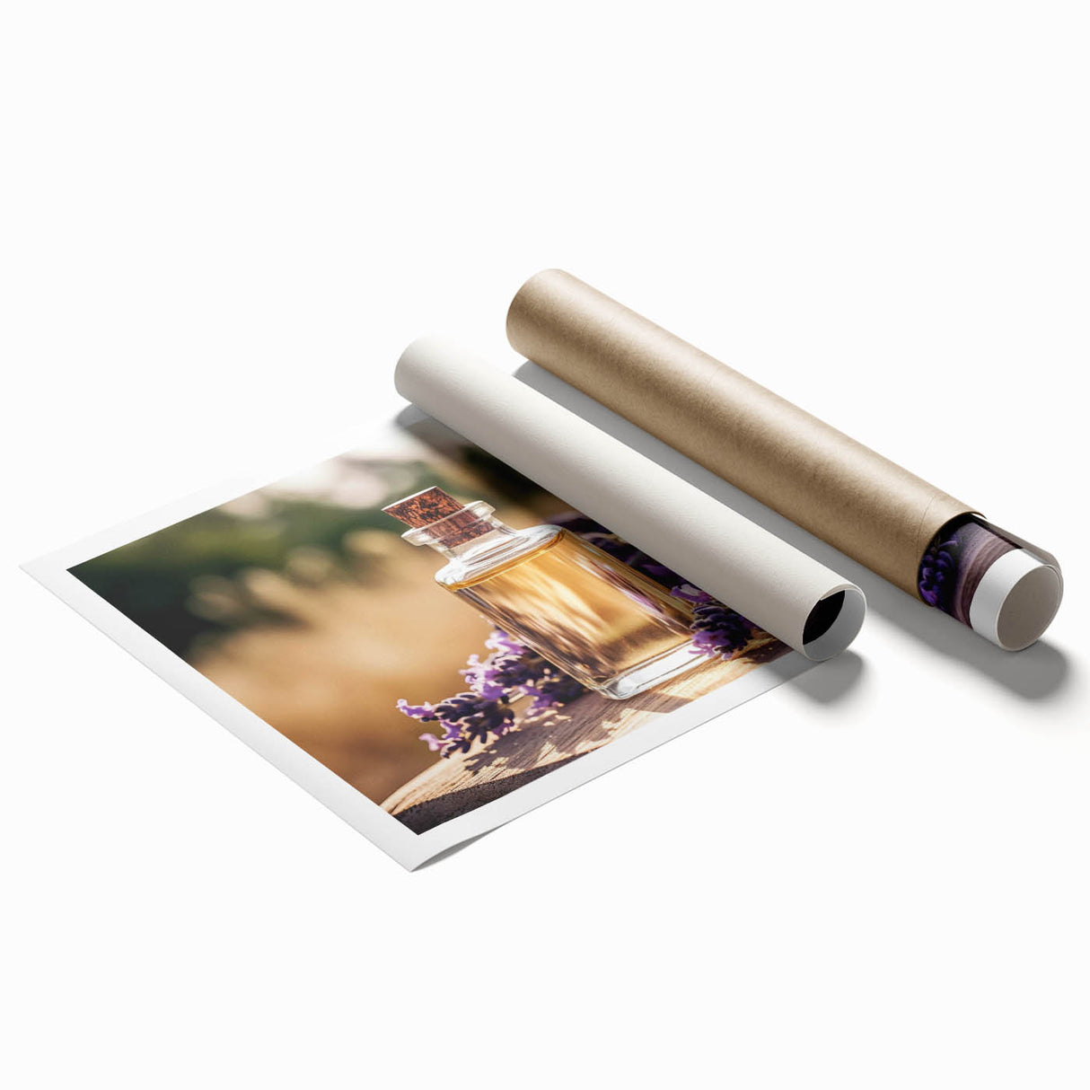 Lavender botanical wall art collection rolled print showcasing delicate purple flowers against a soft cream background, ideal for home decor.