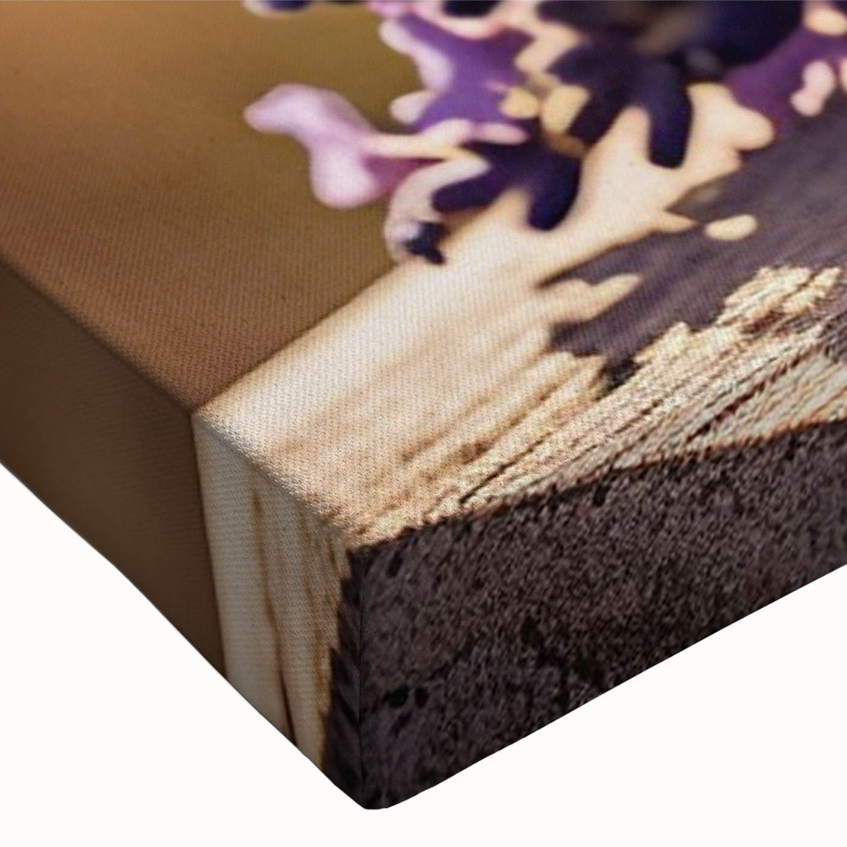 Close-up of a vibrant lavender botanical wall art design on stretched canvas, showcasing intricate floral details and rich colors, perfect for home decor.