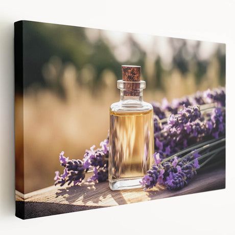Stretched canvas wall art showcasing a botanical lavender design with intricate floral details, perfect for home decor. Side view highlights the vibrant colors and texture, adding elegance to any room.