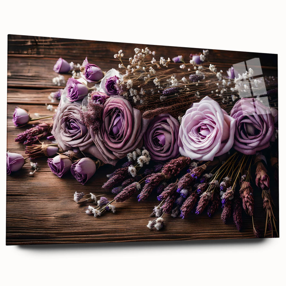 Lavender botanical wall art collection displayed in acrylic glass, showcasing vibrant purple flowers and intricate details, ideal for home decor enhancement.