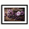 Framed botanical wall art featuring a lavender design, set in a sleek black frame with a mat, showcasing delicate floral details and vibrant colors, ideal for home decor.