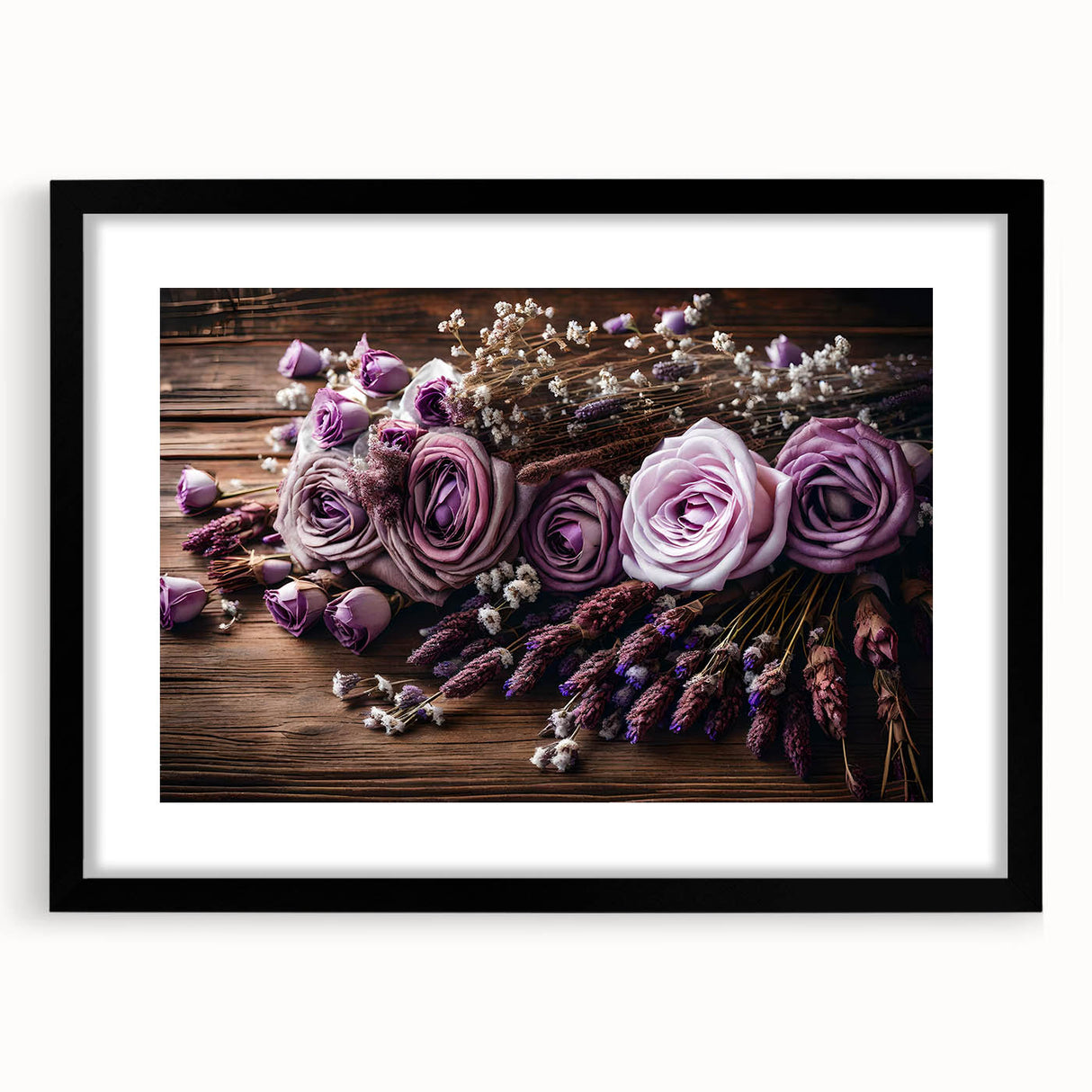 Framed botanical wall art featuring a lavender design, set in a sleek black frame with a mat, showcasing delicate floral details and vibrant colors, ideal for home decor.