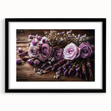 Framed botanical wall art featuring a lavender design, set in a sleek black frame with a mat, showcasing delicate floral details and vibrant colors, ideal for home decor.