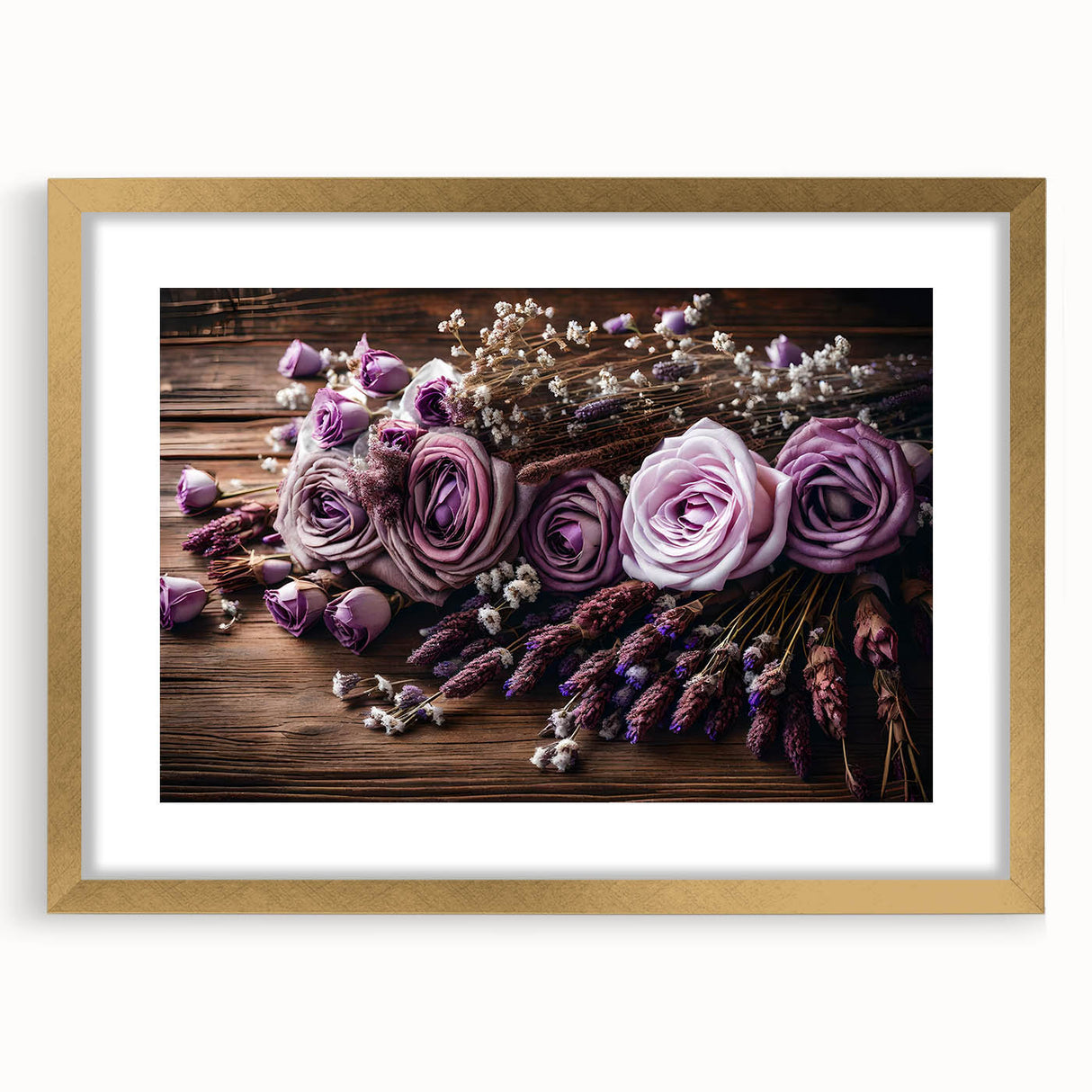 Lavender botanical wall art collection featuring five framed pieces with gold accents and a white mat, ideal for home decor with a serene touch.