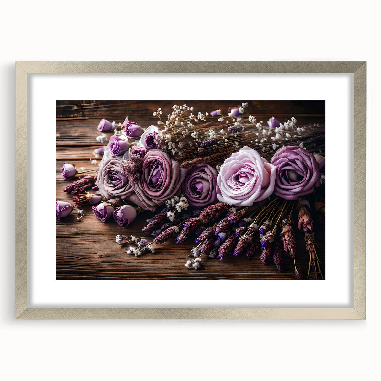 Botanical wall art collection featuring a lavender floral design, elegantly framed with a silver finish and matting, perfect for home decor enhancement.