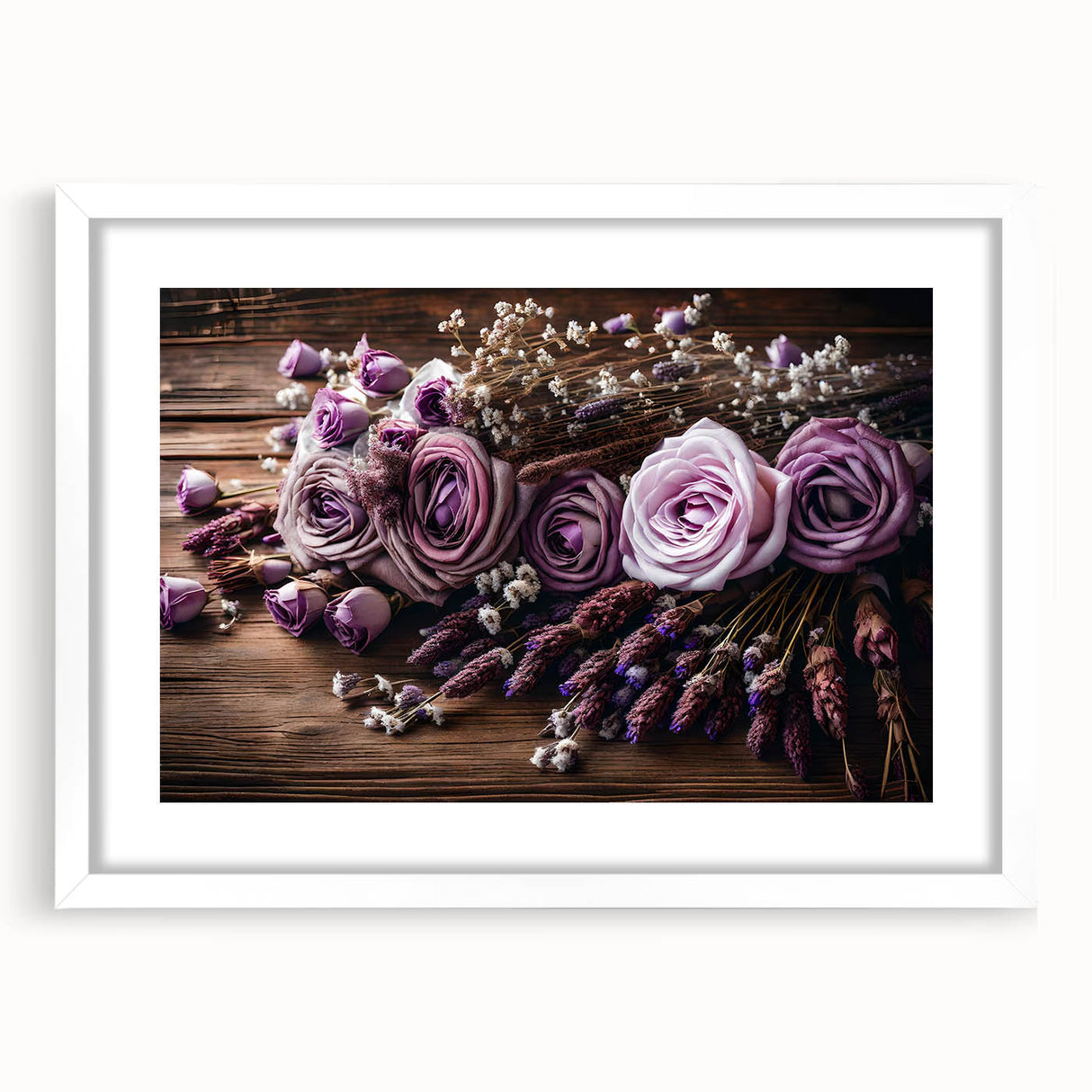 Botanical wall art featuring a lavender floral design in an elegant white frame with a mat, showcasing a modern aesthetic perfect for home decor.