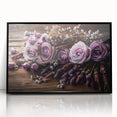 Framed wall art collection showcasing a botanical lavender design, featuring vibrant purple and green colors in a sleek black frame, perfect for home decor.