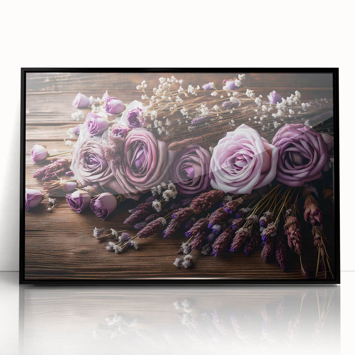 Framed wall art collection showcasing a botanical lavender design, featuring vibrant purple and green colors in a sleek black frame, perfect for home decor.