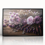 Framed wall art collection showcasing a botanical lavender design, featuring vibrant purple and green colors in a sleek black frame, perfect for home decor.